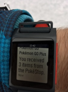 Pokémon GO Plus notifications via iPhone in Pebble Time 2 smartwatch.